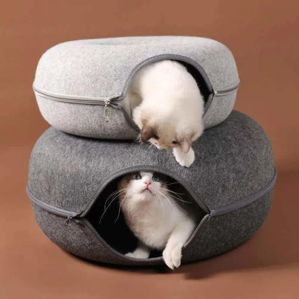 Round Design Cat Tunnel Bed - Cozy Donut Shaped Play & Sleep Pet Daily Life